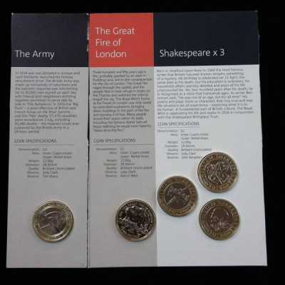 Набор из 5 монет 2 фунта 2016 года. Великобритания (Шекспир, Пожар в Лондоне, Армия). 